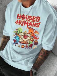 Fashion TrendPure Cotton Suitable For All Seasons Men's Outdoor Style Casual Short Sleeve T-Shirt With Little Dragon Cozy Wooden House Pattern And Letter Print Daily Leisure Wear, Loose And Comfortable - 黑色 - 查看 8