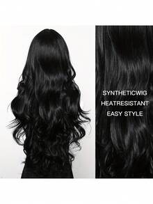 24 Zoll schwarze lockige wellige Perücke - eine elegante Damenperücke, 150% Dichte, Rosennetz-Kappenkonstruktion, Mittelscheitel, ohne Pony, moderner täglicher Langhaarstil - Schwarz - Übersicht 7