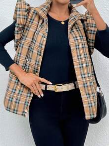 Women's Plaid Quilted Puffer Vests Ruffle Cap Sleeve Sleeveless Lightweight Vest Fall Winter Winter Warm Puffy Jacket Padded Gilets Coats - Màu Khaki - Xem 2