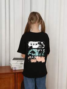 Tween Girl 棕榈树印花圆领短袖 T 恤，夏季上衣 - 黑色 - 查看 2