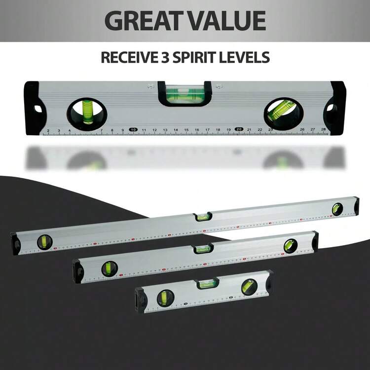 SILVER MAGNETIC 3 PIECE BUILDERS BUILDING SPIRIT LEVEL SET - 300, 600, 1000mm - Silver - View 6