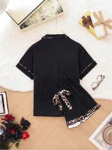 Women's 2 Piece Cheetah Print Cute Pjs Pajama Set Button Down Lightweight Pajamas Ruffle Shorts Lounge Sets  Pocket  Button Front    Short Sleeve - 黑色 - 查看 2