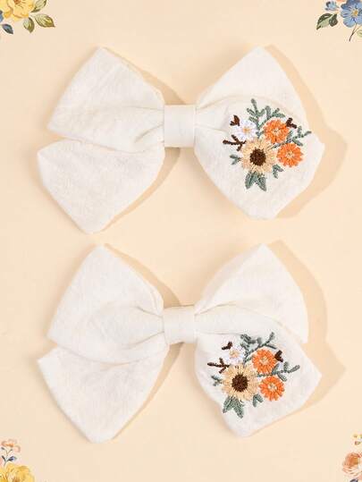 2个母亲节雏菊刺绣蝴蝶结发夹，布艺鸭子夹儿童发饰，适合作为送给女儿的礼物