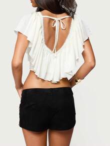 Women's Y2k Ruffle Crop Top Pleated Trim Backless Summer Going Out Shirt Crop Top Low Cut Short Sleeve Deep V Neck Pastoral Sweet Streetwear - 白色 - 查看 4