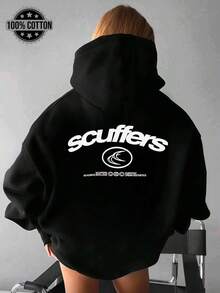 2026新款女式宽松黑色连帽卫衣，100%纯棉材质，印花设计，休闲百搭，适合叠穿——春夏毕业季及日常穿着的完美都市街头风单品，男女皆宜。 - 黑色 - 查看 1