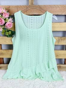 Áo tank top cỡ lớn thanh lịch màu trơn khoét lỗ, chất liệu jacquard, viền bèo bất đối xứng, cổ tròn, co giãn, kiểu dáng thường ngày. - màu xanh lá - Xem 2