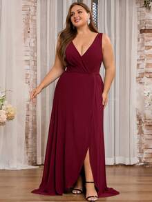 Vestido de Dama de Honra para Convidados de Casamento, Festa à Noite e Coquetel, Elegante, Sólido, Minimalista, Gracioso, Chiffon com Decote em V, Amarração nas Costas e Zíper, Tamanhos Plus Size, Primavera/Verão/Outono - bordô - Visão 2