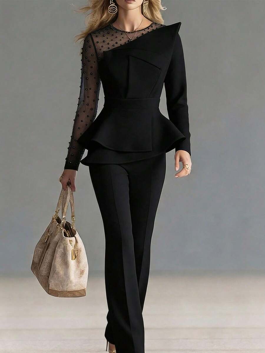 Women's Elegant Pearl-Adorned Jumpsuit - Long Sleeve Formal Party Outfit With Round Neck & Straight Leg Pants, Hand Washable Luxury Evening Gown For Weddings, Galas & Special Occasions, Wedding Attire, Pearl Embellished Dress, Premium Stitching, Delicate Pearl Details, Stylish Top, Fashionforward Women - màu đen - Xem 1