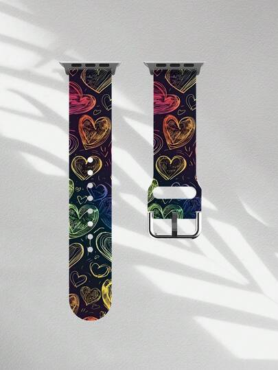 1条彩色爱心刮画风格柔软弹性透气替换表带，兼容三星、佳明、荣耀智能手表，尺寸可选38mm、40mm、41mm、42mm、46mm、45mm、44mm、49mm；时尚休闲多色硅胶表带，兼容苹果手表Ultra SE/11/10/9/8/7/6/5/4/3/2/1