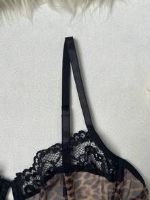 豹纹蕾丝拼接钢圈文胸内裤套装 - 棕色 - 查看 7