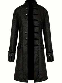 新款中世纪风格提花大衣，中长款复古立领演出服，男士复古蒸汽朋克哥特式中世纪维多利亚风格万圣节服装夹克 - 黑色 - 查看 1