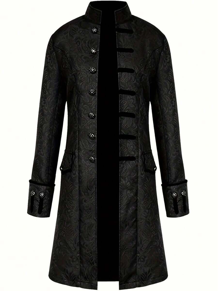 新款中世纪风格提花大衣，中长款复古立领演出服，男士复古蒸汽朋克哥特式中世纪维多利亚风格万圣节服装夹克 - 黑色 - 查看 1