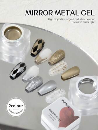 RS NAIL RSNAIL Y2K Metallic Nail Gel, Gold & Silver Mirror Effect, Semi-Permanent Nail Polish, Suitable For French Manicure Painting, DIY Home Nail Salon, Women's Gift, Removable, UV/LED Lamp