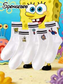 5 Pairs Spongebob Themed Mid-Calf Socks, Cartoon Crab, Mr. Krabs, Starfish, Sandy Designs, Moisture-Wicking, Breathable, Casual, Stylish, Black & White, Suitable For Daily Wear, Parties, Gifts, Dates - Multicolor - View 7