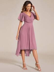 Women's Pleated V Neck Ruffles Sleeve Asymmetrical Hem Midi Dresses For Wedding Guest - Dusty Pink - View 5