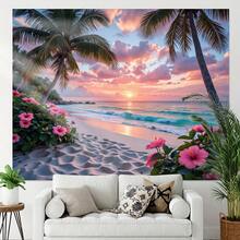 O plajă tropicală cu un fundal luminos de palmieri albaștri și linia de coastă a plajei este foarte potrivită pentru bannere decorative pentru fotografie de interior și exterior și teme de coastă, cu diverse stiluri și dimensiuni din care puteți alege. - Multicolor - Vizualizare 4