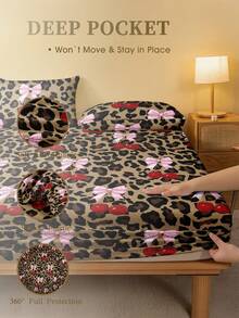 1件棕色豹纹樱桃蝴蝶结图案床笠，树枝设计床垫保护套，情人节床上用品套装，柔软透气，适用于单人床、双人床、大号床、特大号床，深口袋可达11.8英寸 - 彩色 - 查看 4