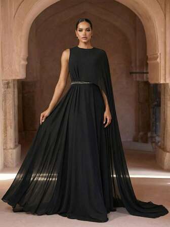 Old Money Elegant Women Black Formal Evening Gown Cape Overlay Maxi Dress With Rhinestone Belt Sleeveless Chiffon Pleated Flowy Wedding Guest Party Prom Ball Gown Cocktail Dress Modest Classy Sophisticated Gala Black Tie Event One-Piece Robe Frock Goddess Chic