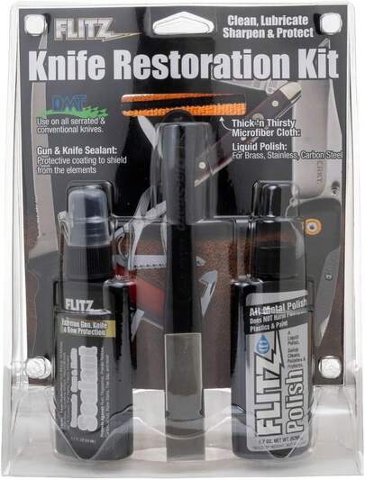 Knife Restoration Kit - USA-Made All-In-One Knife Cleaner & Restoration Tools - Includes 1.76oz Polish, 1.7oz Ceramic Sealant, Sharpener, & Microfiber Cloth - Rust Remover Knives