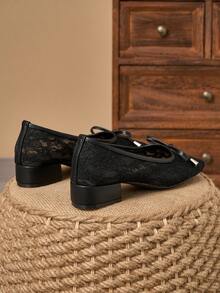 Elegant Rose Flower Square Toe Lace Mesh Women's Shoes, Outdoor Casual Wedding Party Breathable Hollow Bowknot Shoes - Black - View 6