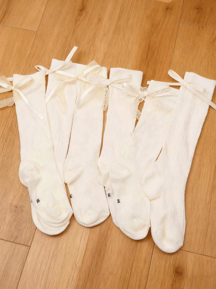 3 Pairs Of Girls' Lace Bow Stockings With Soft And Skin Friendly Lolita Princess Style Children's Party Dress And Socks - White - View 1