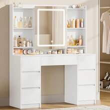 HEXCELEN Dressing Table With Lights, Vanity Desk With Large Led Mirror, Adjustable Brightness, Makeup Desk Vanity Table With 7 Drawers, 4 Shelves For Bedroom, Storage Behind The Mirror, White - Xem 1