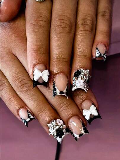 Y2K 24Pcs Set French Style Black & White Tie Dye Polka Dot Press-On Nails, Reusable, With Bowknot, Star Rhinestones, Cute & Chic, Suitable For Dates, Spring, New Year, Christmas, Daily, Birthday, Festival, Spring/Summer New Arrival Nail Supplies Nails