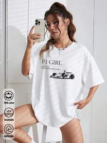F1赛车印花宽松T恤，女士款，休闲夏季款 - 白色 - 查看 5