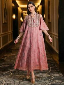 Damen Einfarbiges Kleid mit Applikation, Hohlschnitt und eleganter arabischer Stickerei (Blumenverzierung am Ausschnitt zufällig geschnitten, passt möglicherweise nicht) Frühlings Urlaub - Altrosa - Übersicht 5