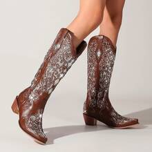 Women's Cowboy Boots, Western Cowboy Boots, Black Embroidered High Boots, Chunky Heel Pointed Toe Boots, Sparkly Rhinestone Wedding Boots, Fashionable Retro Party Boots - 棕色 - 查看 2