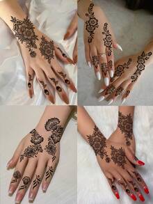 4 miếng hình xăm tạm thời hoa henna đen, mẫu vẽ móng tay, hình xăm hoa gợi cảm, hình xăm tay chống nước phù hợp cho nữ, trang trí Ramadan, quà tặng tiệc cưới ngày lễ, phong cách phác thảo - màu đen - Xem 2