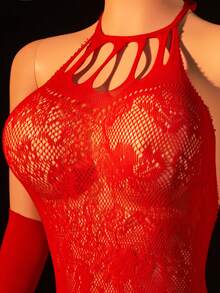 2pcs Women Sexy Lingerie Sets,Sexy Lingerie Bodysuits And Sleeves,Crotchless Bodysuit,Halter Neck Backless,Hot Girl Outfit,Bikini Cover-Up,Sexy Party Role Play Costume Valentine's Day - Red - View 5