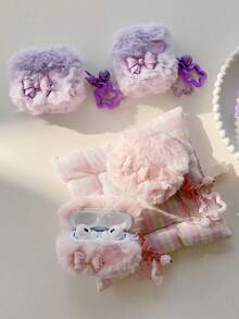 Cute Fluffy Bow Heart Bluetooth Earphone Case, Compatible With Apple 1/2/3/4/Pro (2nd Generation)/Pro 3 (Earphones Not Included) - Baby Pink - View 6