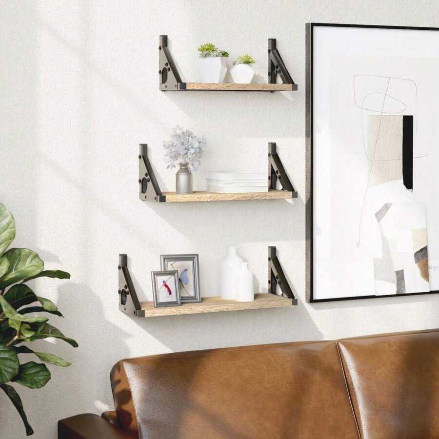 Larryhot Estantes de pared 3 pzas madera de ingeniería roble Sonoma, Fácil de montar, elegante y hermoso, y conveniente para almacenar artículos, es una opción ideal para el almacenamiento y la decoración del hogar. - Marrón - Ver 1