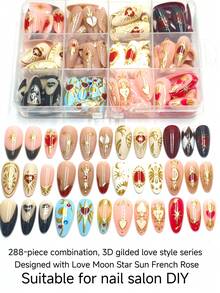 288pcs Heart, Moon, Star Combination Set, 3D Metallic Series, Suitable For Nail Salon DIY, Includes Red Hearts, Moons, Stars, Suns, French Tips, Rose Red Almond-Shaped Fake Nails, Suitable For Valentine's Day, Mother's Day, New Year, Can Be Paired With Various Element Series Sets, Detachable And Reusable Fake Nails - Multicolor - View 2