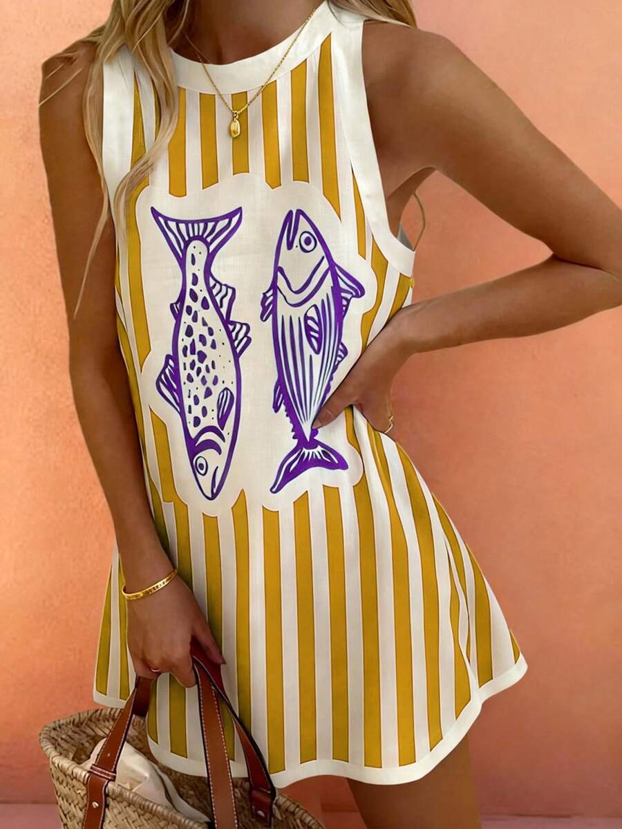 Starfish Boho Style Summer Beach Casual Comfortable Vintage Colorblock Striped & Fish Scale Print Sleeveless Dress, Brunch Outfit For Women - Yellow - View 1