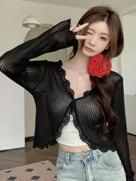 Women's Cute Lace Trim V-Neck Cover Up Sweater, Lightweight Summer Shrug Outwear Black Spring