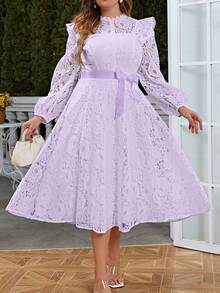 Simplee Gaun Lengan Panjang Leher Bulat Berenda Elegan Ukuran Plus untuk Wanita, Cocok untuk Pesta dan Kencan, Musim Semi/Panas - Purple - View 1