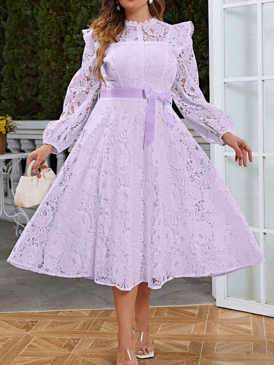 Simplee Gaun Lengan Panjang Leher Bulat Berenda Elegan Ukuran Plus untuk Wanita, Cocok untuk Pesta dan Kencan, Musim Semi/Panas - Purple - View 1