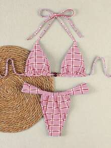 女士粉色格子细条纹比基尼，金属扣装饰，性感沙滩度假两件套泳衣，2026春夏款 - 彩色 - 查看 2