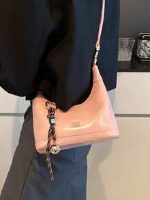 1 buah Tas Tote Kulit PU Wanita Motif Kulit Ular Imitasi, Warna Polos, Gaya Minimalis, Dilengkapi dengan Gantungan Motif Acak - Berwarna merah muda - View 5