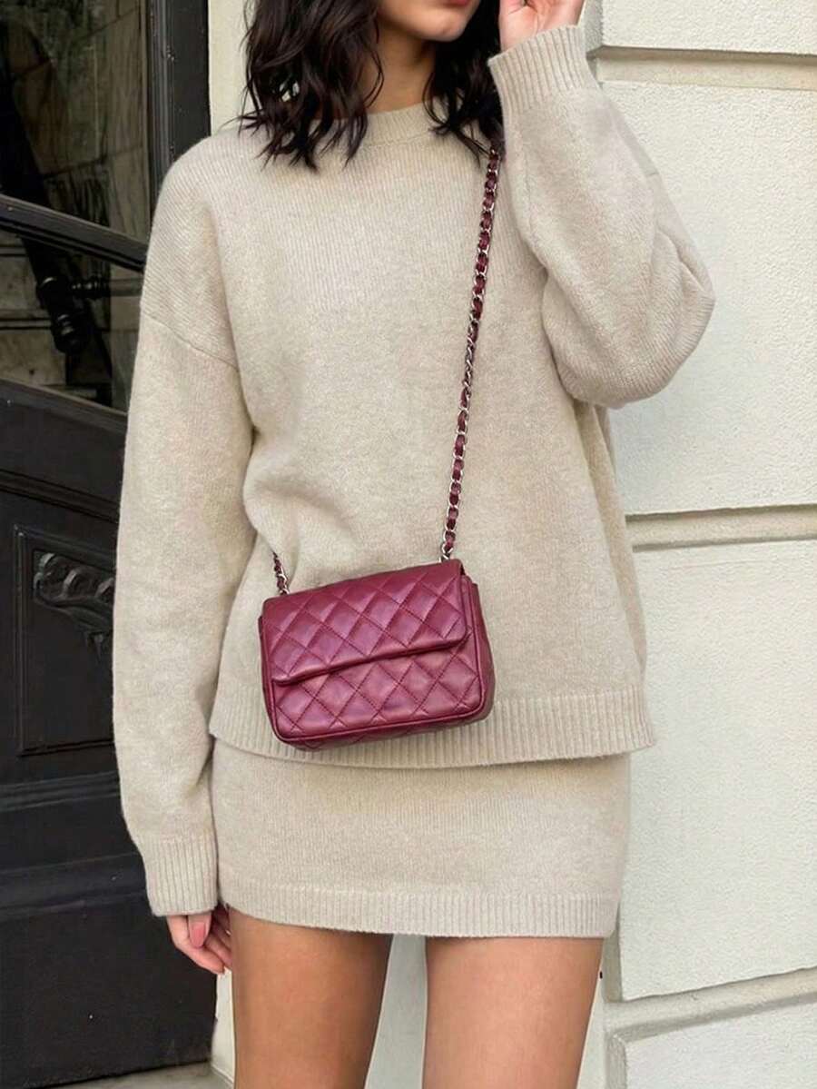 Women's Elegant Knitted Sweater Set For Autumn/Winter, Casual Crew Neck Long Sleeve Pullover, Fashionable Solid Color 2-Piece Set For Christmas, New Year, Thanksgiving - Apricot - View 1