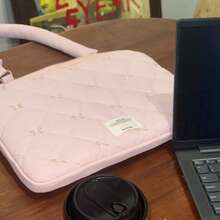 可爱菱格纹蝴蝶结笔记本电脑保护套，适用于苹果笔记本电脑，带衬垫，少女风笔记本电脑收纳包，防震防水，大容量多隔层通勤公理包，便携多功能手提设计 - 白色 - 查看 4