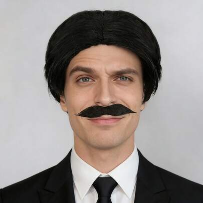 时尚短款直发黑色合成假发，带胡须，适合男士，酷炫独特，朋克摇滚歌手喜剧演员角色扮演派对假发，节日动漫展展览日常佩戴，生日礼物，圣诞节夜店酒吧庆祝活动装饰，新手友好，外观自然，舞台表演配饰/摄影道具。