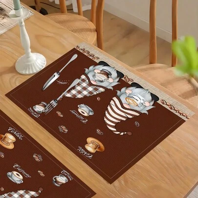 1pc/4pcs/6pcs Linen Placemat With Coffee Elf Pattern, Suitable For Dining Table, All Season Decor, Modern Washable Table Mat, Room Decor, Coaster, Kitchen Dining, Indoor Outdoor Party, Home Decor, Ideal Gift