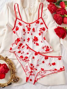 Bộ đồ lót nữ Style Dream gợi cảm màu đỏ lưới in hoa, áo hai dây và quần lót cạp cao xuyên thấu, thân thiện với da, quà tặng năm mới cho nàng, tạo không khí lãng mạn cho phòng ngủ của các cặp đôi. - Đỏ - Xem 1