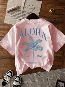 2026 Summer Shirts Women's New Palm Tree Slogan Print Casual Round Neck Short Sleeve T-Shirt, Fashionable Resort Style, Your Daily Essential Item. Gr - 粉色 - 查看 6