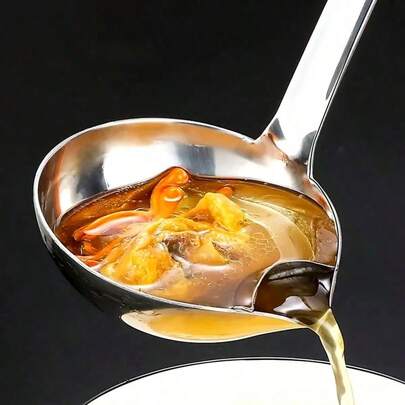 Stainless Steel Oil Separating Spoon -1 Fat Skimming Spoon, Oil Filter For Soup And Meat Juice, Hot Pot Oil Filtering Tool With Long Handle And Pouring Spout, Suitable For Kitchen Use