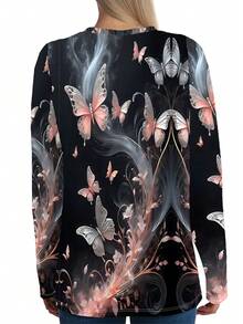 Women'S 3D Gradient Butterfly Print T-Shirt - Pink To Ombre Long Sleeve Crew Neck Top With All-Over Floral & Butterfly Design, Soft Breathable Fabric For Spring/Fall Casual Wear, Everyday & Semi-Formal Outfits - Versatile Women'S Fashion Tee - Nhiều màu - Xem 3