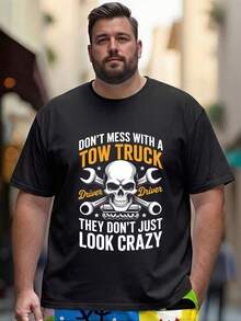 Plus Size Men's Casual Printed Round Neck Short Sleeve T-Shirt, Summer - Black - View 3